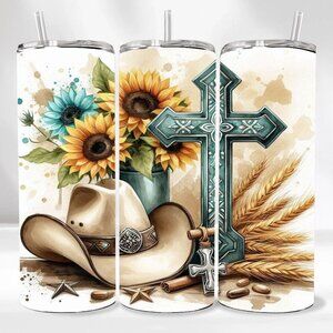 NEW Country Western Cross Sunflowers 20oz Skinny Tumbler With Lid Reusable Straw